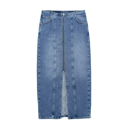 VGH Solid Patchwork Pockets Casual Denim Skirts For Women High Waist Spliced Zipper Split Bodycon Skirt Female Fashion Clothing