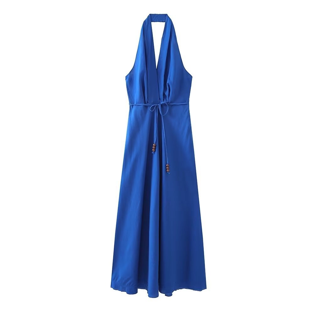 Women Fashion Sleeveless Solid Color Front Pleats Halter Linen Midi Dress