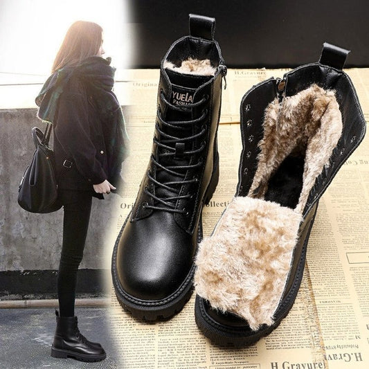 Snow boots, women's new cotton shoes, autumn and winter women's shoes, waterproof British style Martin short boots, thickened and plush in winter