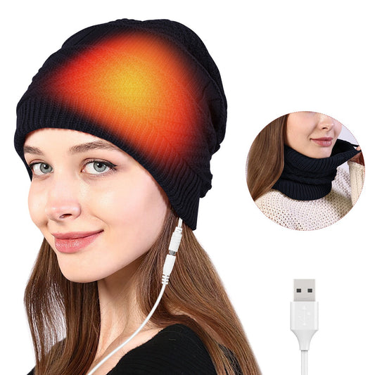 USB Electric Heating Warm Heating Hat Outdoor Knitted Hat Bib Two Autumn And Winter Heating Hat Bib