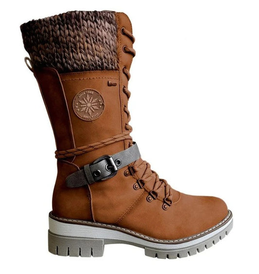 Large-size mid-leg women's boots new winter round head square heel leather buckle wool splicing Martens boots