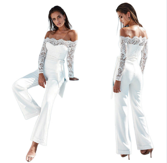Lace patchwork one neckline butterfly jumpsuit with large flared pants
