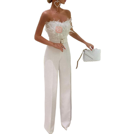 Feather strapless fashion jumpsuit