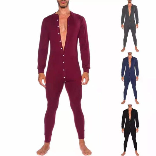 Men's casual solid color fashion slim fit open button jumpsuit home clothes