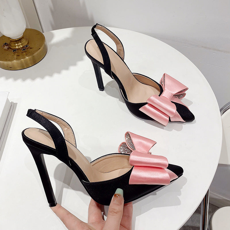 Pointed slim high heels, bow tie, rhinestone color matching, super high heels, sandals for women