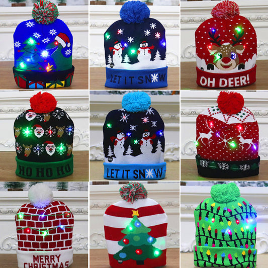 Christmas Decoration Supplies Adult Children's Knitted Christmas Hat Colorful Luminous Knitted Hat Elderly LED Christmas Hat