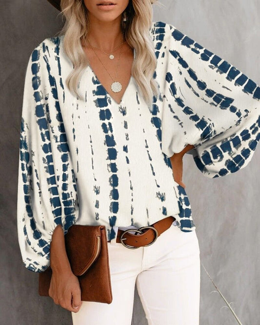 New autumn V-neck casual shirt with printed lantern sleeves for women's clothing