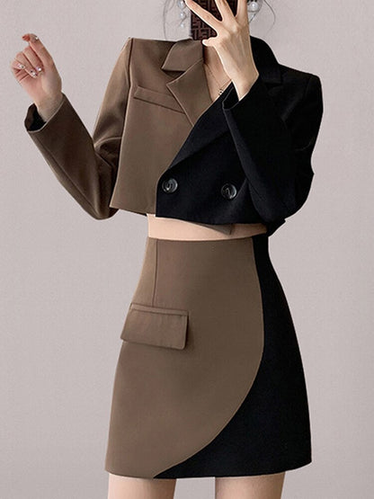 Two Piece Sets For Women Notched Collar Long Sleeve Spliced Button Top High Waist Mini Skirt Slim Set Female