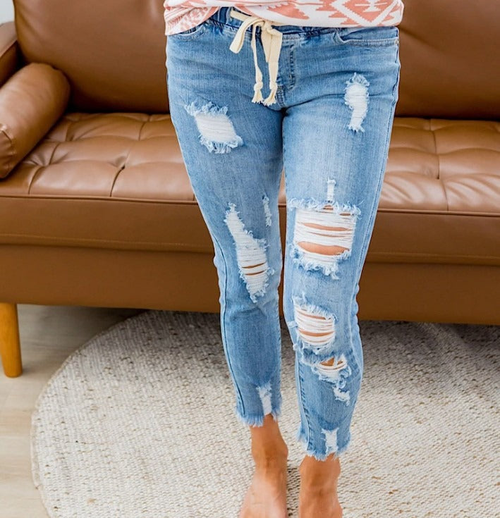 Womens Stretch Skinny Ripped Hole Washed Denim Mom Jeans Female Slim Jeggings High Waist Light Blue Pencil y2k Pants Trousers
