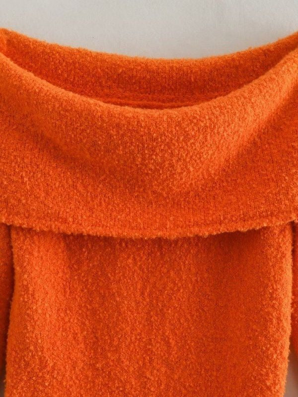 Women Off Shoulder Slash Neck Knitting Orange Mini Dress Female Long Sleeve
