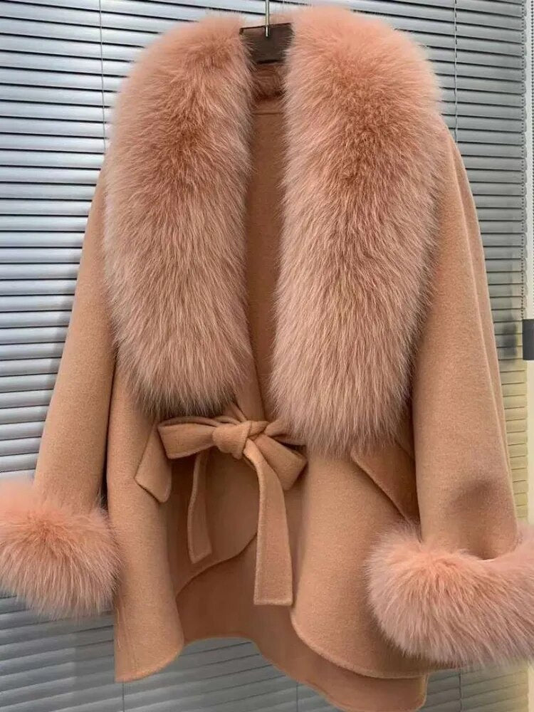 New Winter Autumn Women Woolen Jacket Real Big Fur Trim Collar High-end Cashmere Blends Luxury Fashionable Cloak