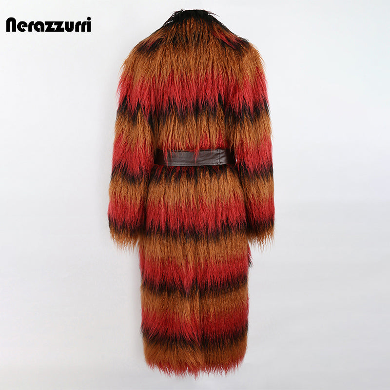 Nerazzurri Winter Long Colorful Shaggy Hairy Thick Warm Faux Fox Fur Coat Women with Pockets Chic Luxury Designer Clothes