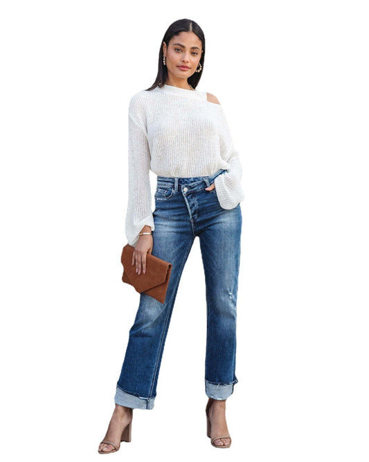 New Casual Loose Women's Jeans Wash Button Pockets High Waist Denim