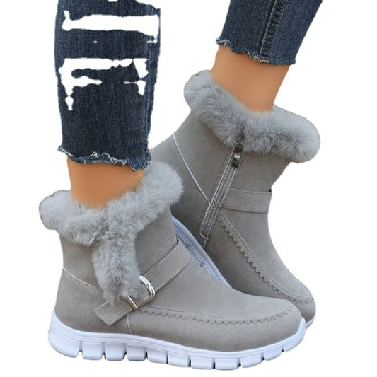 New Large Women's Snow Boots Korean Edition Thick Color Short Boots with Velvet and Warm Flat Bottom Boots Side Zipper