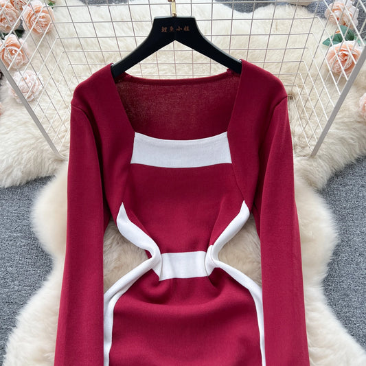 Autumn Knitted Women Dress O Neck Long Sleeves Square Collar Slim Fit  France Elegant Color Block Bodycon Party Dress