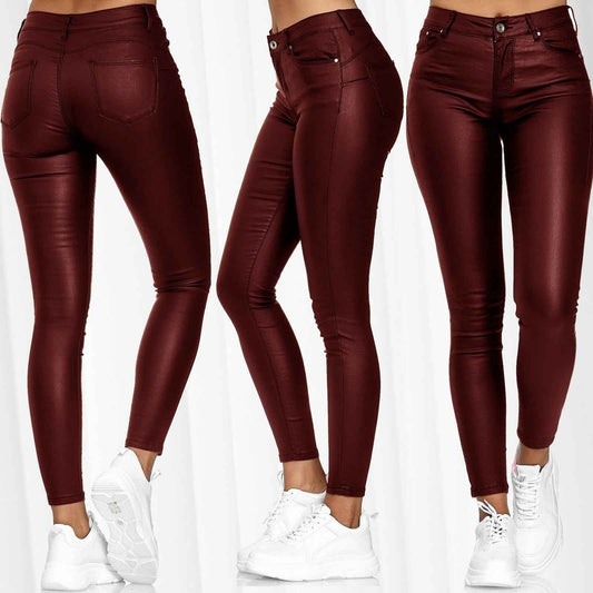 High Waist Solid Leather Casual Pants Small Foot Pants Leather Pants Long Pants Women