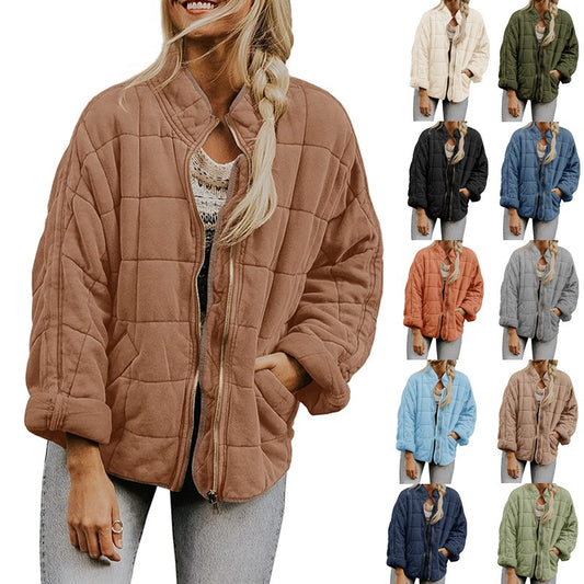 Solid color standing collar cotton jacket new loose pocket long sleeved jacket top for women