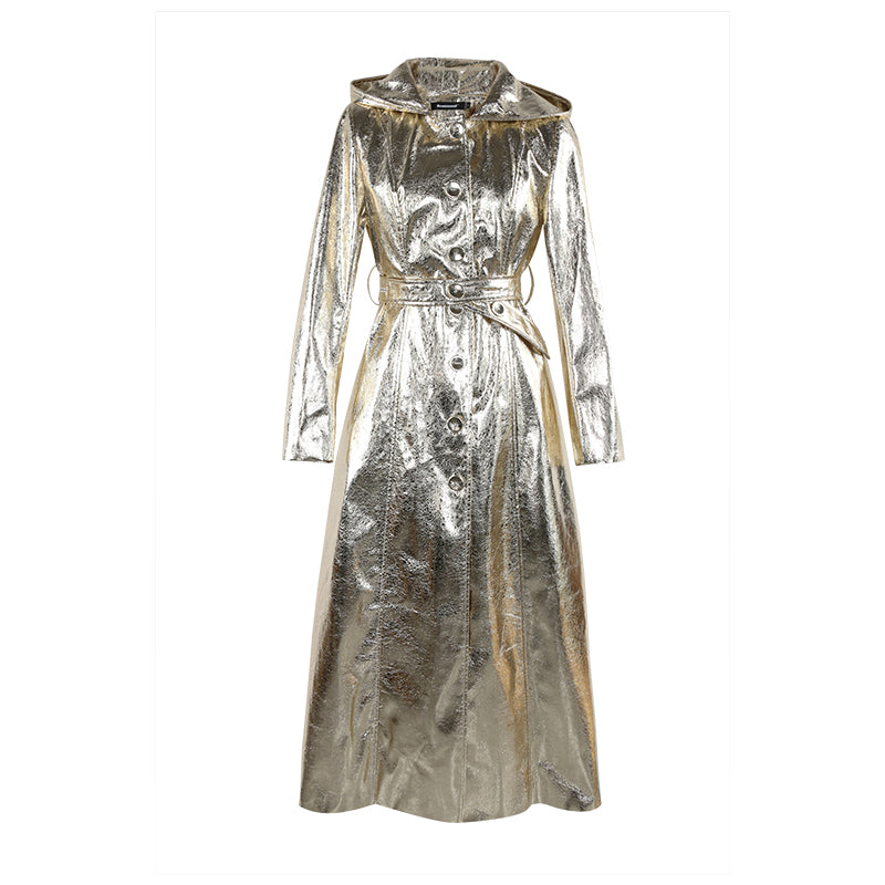 Nerazzurri Autumn Maxi Luxury Elegant Chic Silver Gold Shiny Patent Faux Leather Coat Women with Hood Extra Long Overcoat