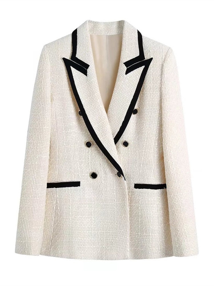 Office Lady Contrast Color Blazer For Women Notched Long Sleeve Double Breasted Fashion Coat