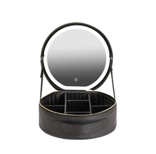 Makeup Bag with round Mirror Rechargeable Cosmetic Case woman Makeup Train Case Cosmetic Organizer with Mirror and Light