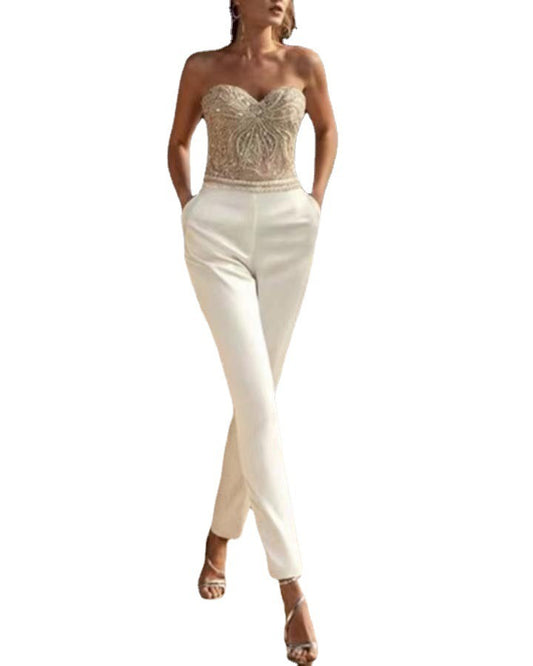 Women's Chest Wrapping Sleeveless Embroidered Sequin Long Pants jumpsuit New