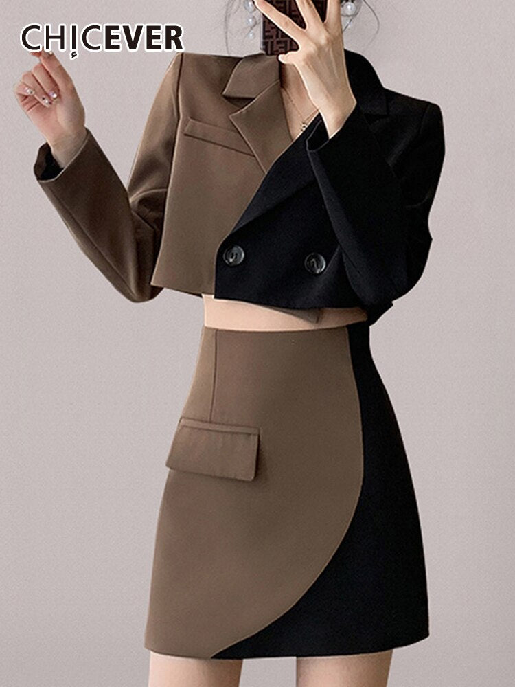 Two Piece Sets For Women Notched Collar Long Sleeve Spliced Button Top High Waist Mini Skirt Slim Set Female