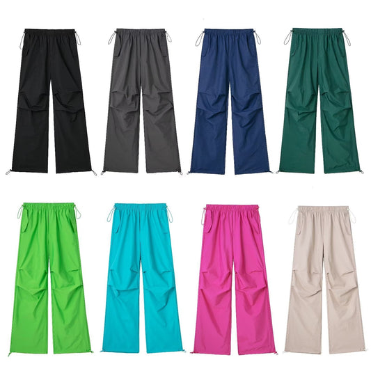 Spring New Satin High Rise Casual Pants Design Pleated Drawstring Retro Solid Color Female Fashion Pants