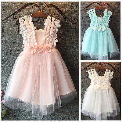 Baby Beautiful Girl Princess Party Pearl Lace Tulle Flower Gown Fancy Dress Sundress