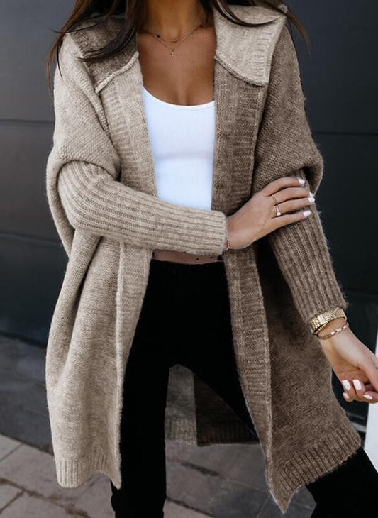 Loose Color Block Knitted Cardigan Medium Long Solid Color Medium Long Hooded Sweater Coat