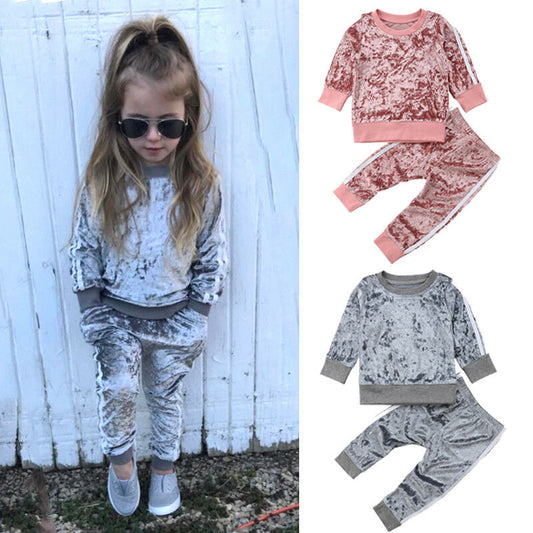 Winter Velvet Kids Baby Girls Clothes Sets Solid Long Sleeve T-shirt Tops + Pants 2PCS Outfit Sets