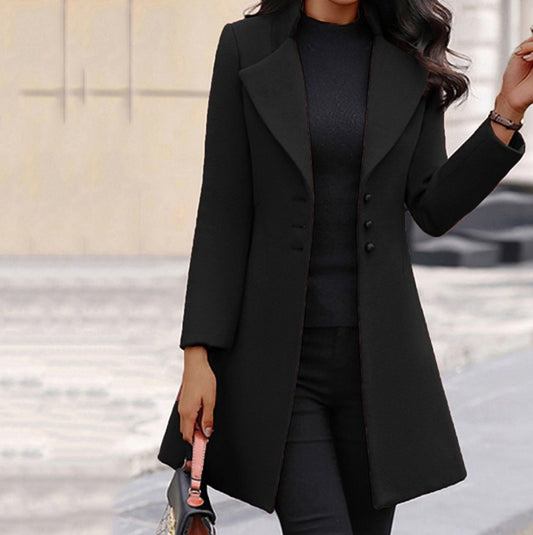 Mid length Korean Edition Flip Collar Slim Solid Color Slim Fit Women's Woolen Coat Coat