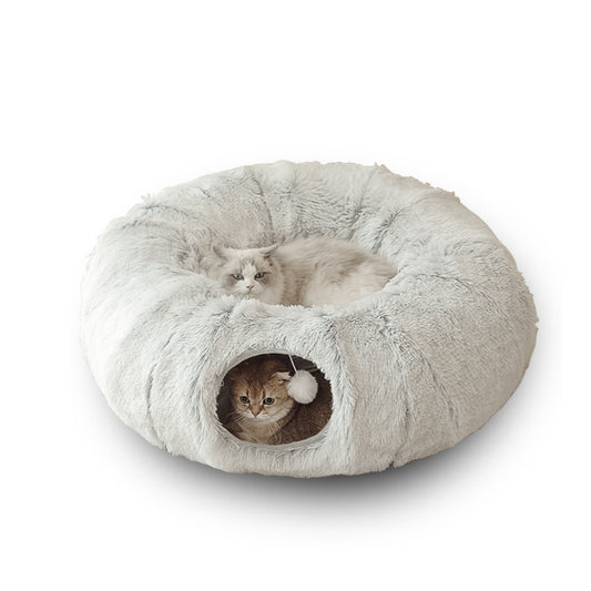 2 in 1 Funny Cat Beds Interactive Play Winter Warm Plush Donut Cat Tunnel Bed