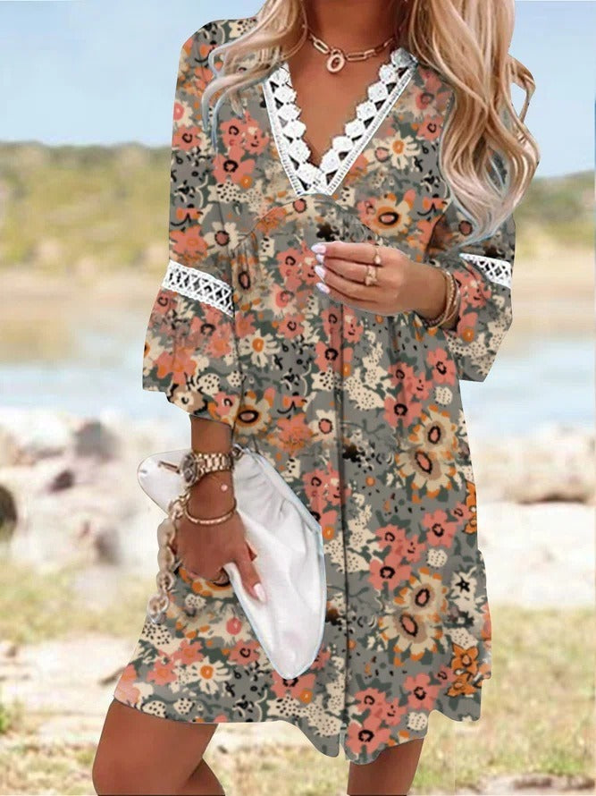 V-Neck Printed Lace Stitched Bohemian Casual Holiday Dress