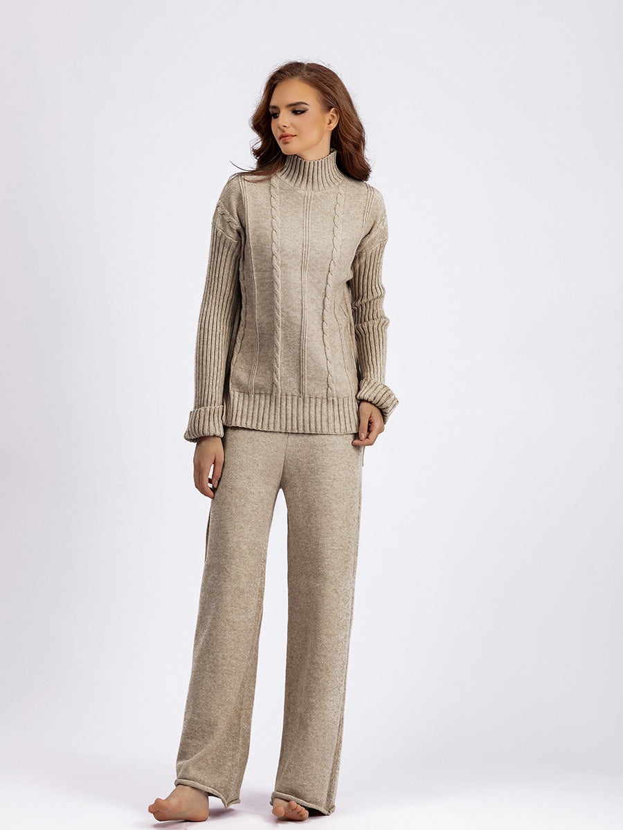 High-end half-turtleneck sweater wide-leg pants suit for women autumn and winter knitted two-piece set