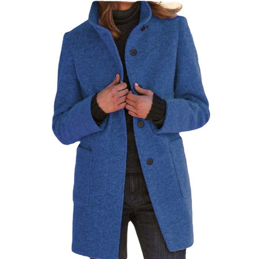 Women's New Retro Solid Button Standing Neck Woolen Coat