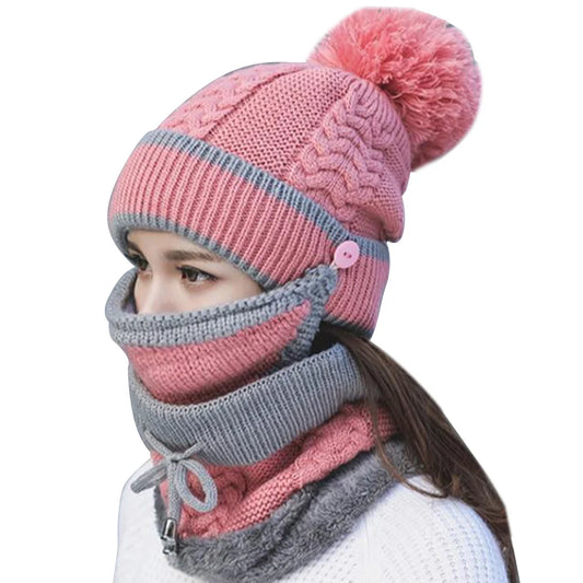 3PCS Womens Winter Scarf Hat Set Casual Ladies Outdoor Thickened Knitted Hat Scarf Cover Hat Winter Set