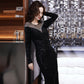 Fishtail Evening Dress Female Spring Black Long Sleeve Temperament Dress Sequin Texture Host Banquet Dress