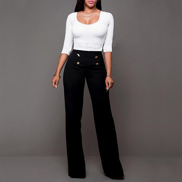 Wide Leg High Waist Women Pants Button Plus Size Flare Casual Pants Office Lady Loose Stretch Palazzo Pants