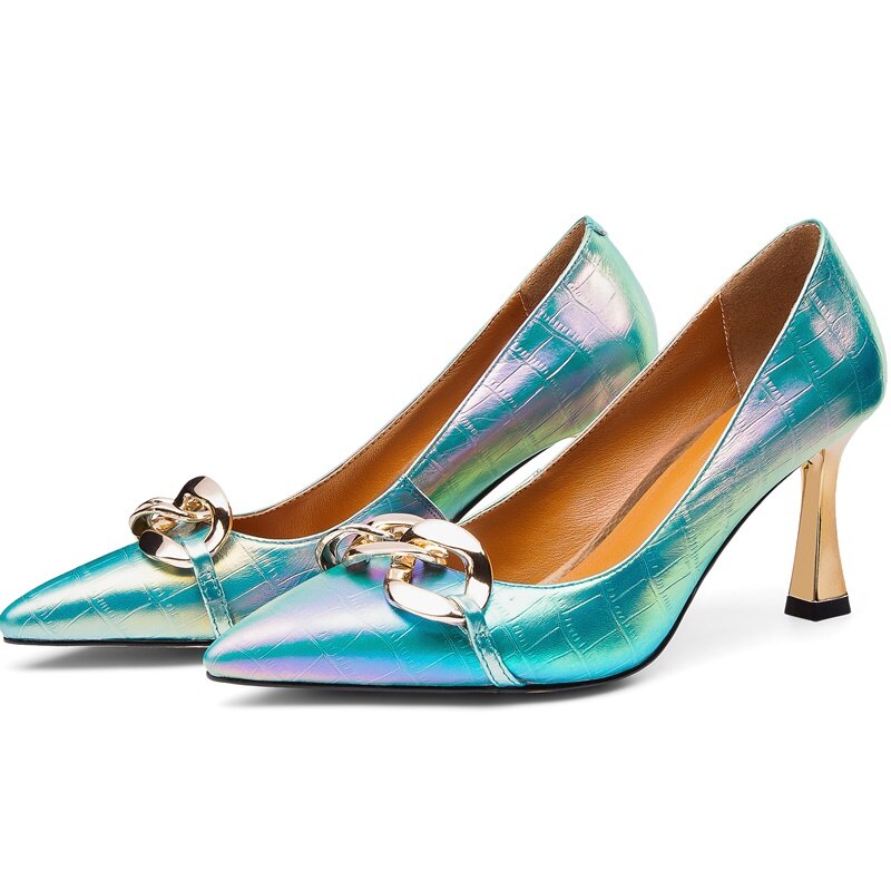 New Pointed Thin Heel Light Mouth Blue Single Shoes Metal Chain Lacquer Leather Versatile Lacquer Leather High Heel Ladle Shoes