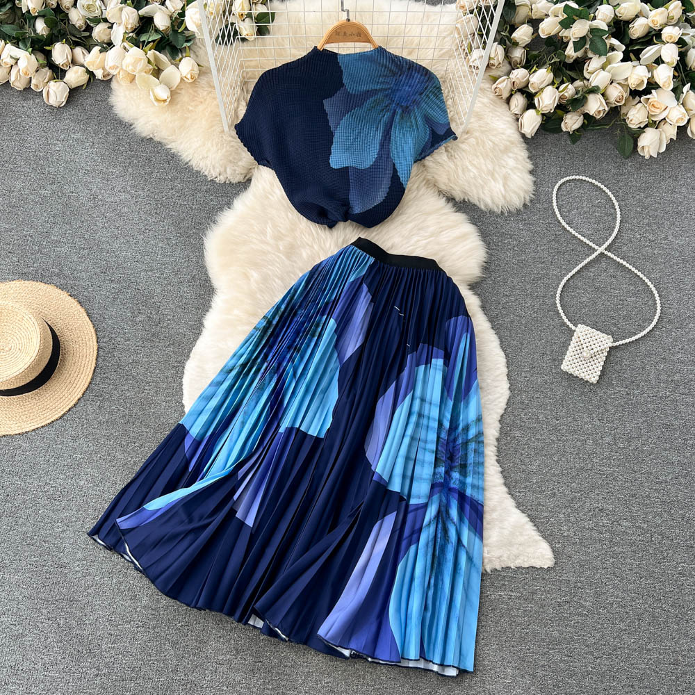 Tie Die Print Fashion Two Pieces Suits O Neck Short T Shirt+Hight Waist Pleated Skirt Women Streetwear Set