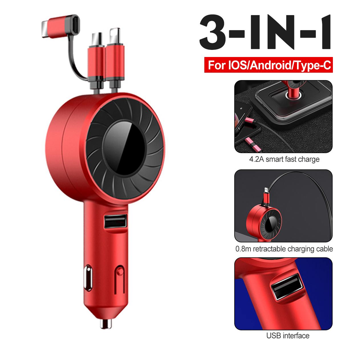 3-IN-1 Car Charger Mobile Phone  Adapter For IOS/Android/Type-C USB Retractable Charging Cable 4.2A Fast Charing For Truck