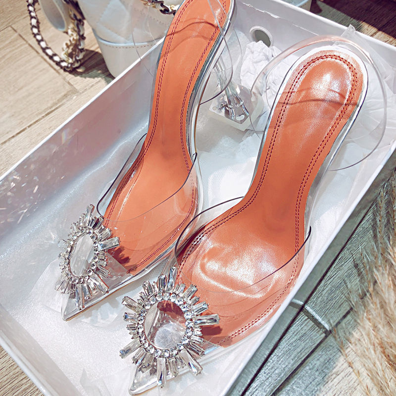 Women Pumps Elegant Pointed Toe Rhinestones High Heels Wedding Shoes Crystal Clear Heeled Slingback Pumps Sandals