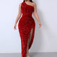 Foreign Trade Sleeveless One Shoulder Slash Neck Sequins Gorgeous Slit Women's Dress