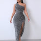 Foreign Trade Sleeveless One Shoulder Slash Neck Sequins Gorgeous Slit Women's Dress