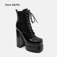 Double Waterproof Platform Super High Heel  New Women's Shoes Square Head Thick Heel Thin Band Medium Boots 12cm