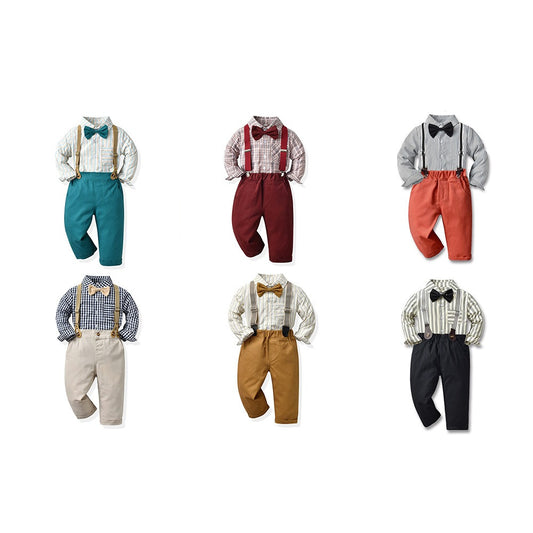 Children's Clothing Version Multi-Color Plaid Long Sleeve Cotton Shirt Suspenders Boys' Suit