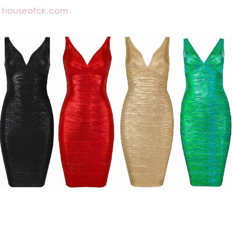 Gold Black Red Green Foil Print Bandage Dresses Women's Sleeveless V Neck Evening Party Dress