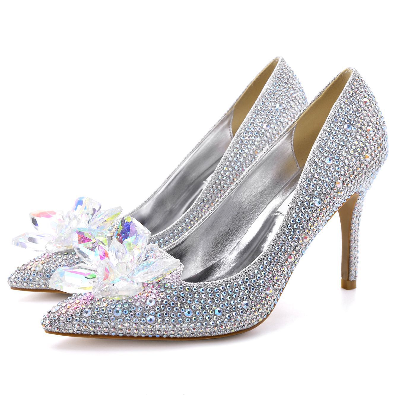 Cinderella Crystal Shoes Pointed Toe Stiletto Pumps Women's High Heels Silver Rhinestone Wedding Shoes