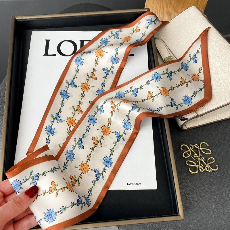New Women's Literary And Artistic Floral Long Small Scarves Professional Silk Scarf Fashionable Binding Bag Ribbon Hair Band Scarves