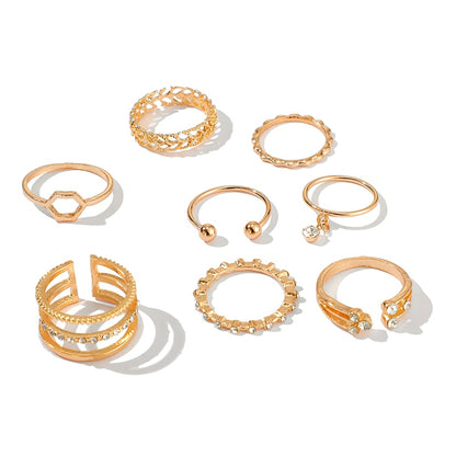 8pcs/sets Bohemian Geometric Rings Sets Clear Crystal Stone Gold Chain Opening Rings for Women Jewelry Accessories 9012